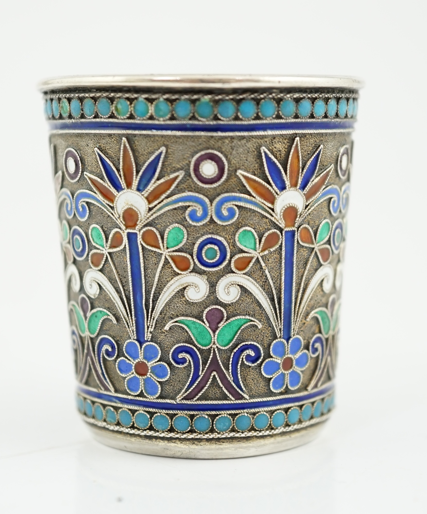 A late 19th century Russian 84 zolotnik silver and cloisonné enamel tot, assay master Anatoly Artsibashev